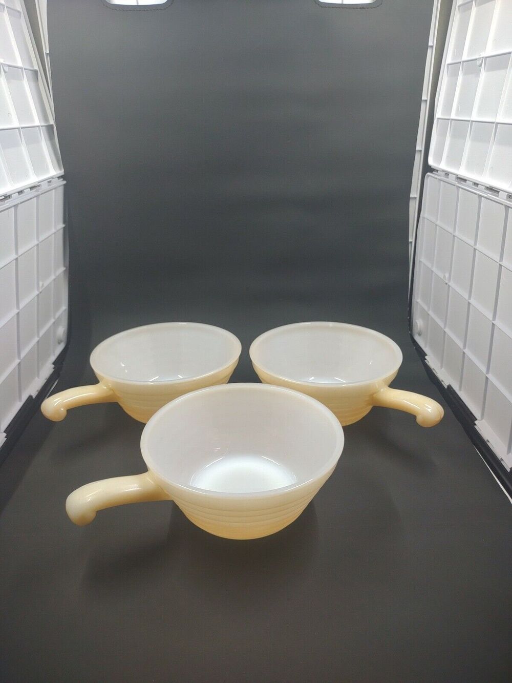 Vintage Fire King Bee Hive Handled Peach Luster Soup Bowl Oven Ware Set Of 3